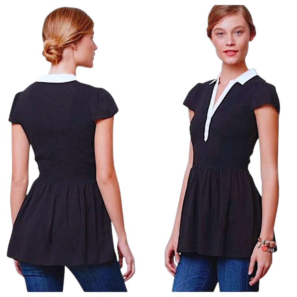 Anthropologie Preppy Top 2 Small Blouse Black White Trim Retro Fit + Flare NWT